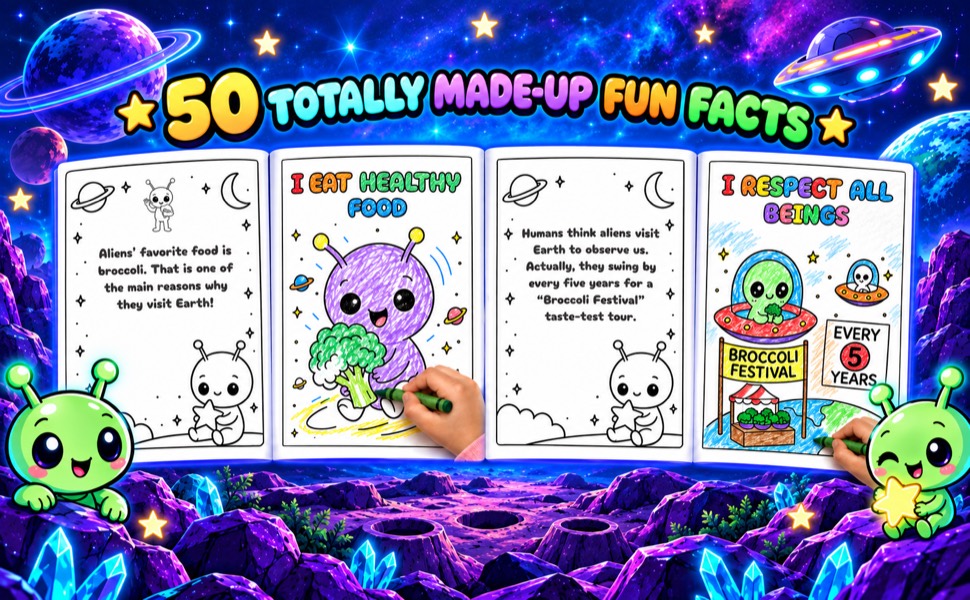 Qué hay dentro de Alien Cuties: una página de datos junto a un dibujo para colorear