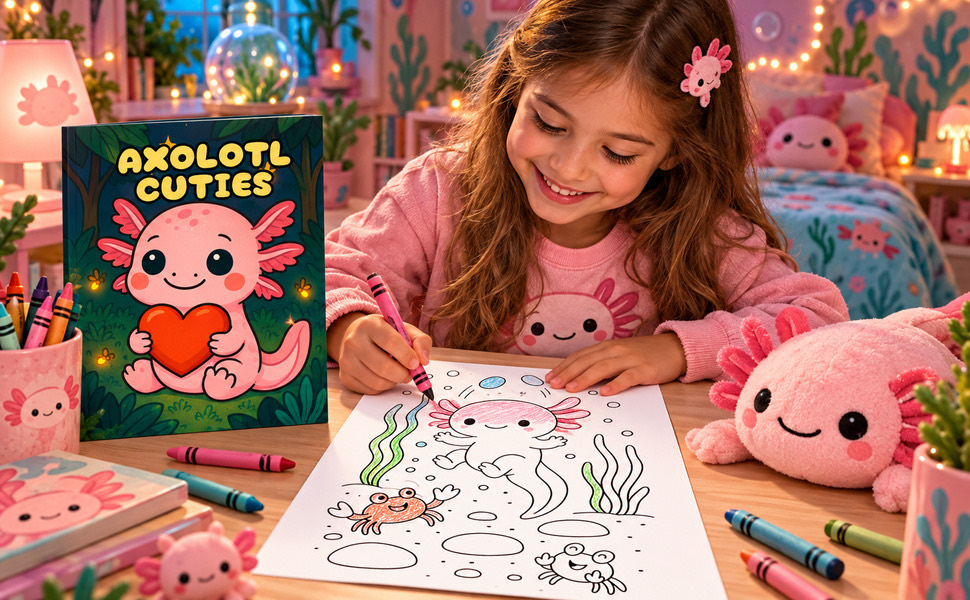 Un niño coloreando una página de Axolotl Cuties en una mesa con ceras