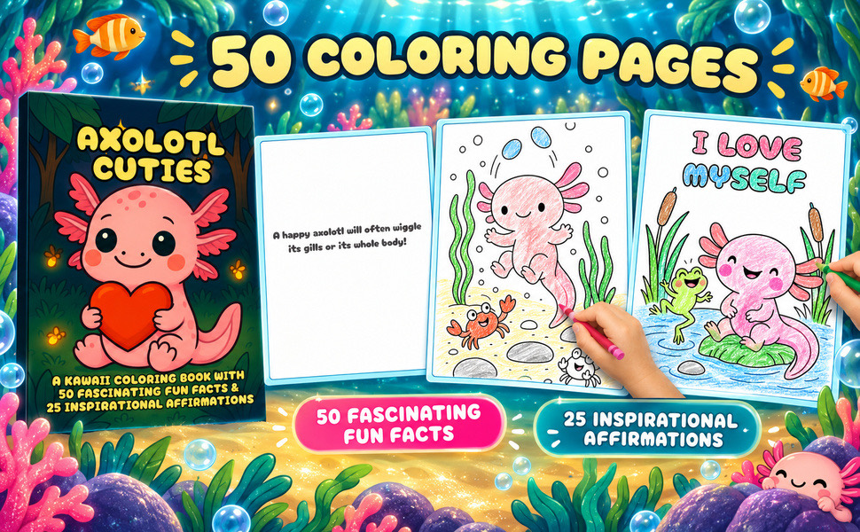 Qué hay dentro de Axolotl Cuties: una página de datos junto a un dibujo para colorear