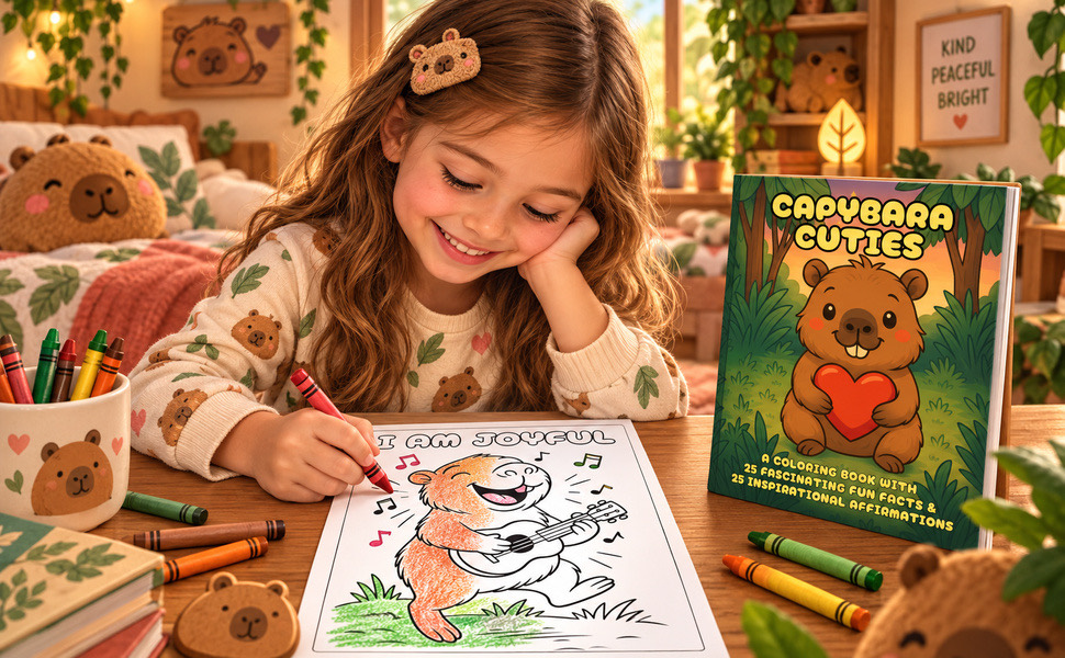 Un niño coloreando una página de Capybara Cuties en una mesa con ceras
