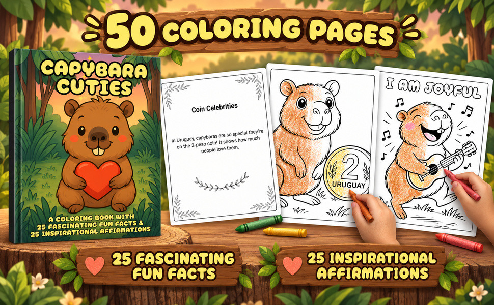 Qué hay dentro de Capybara Cuties: una página de datos junto a un dibujo para colorear