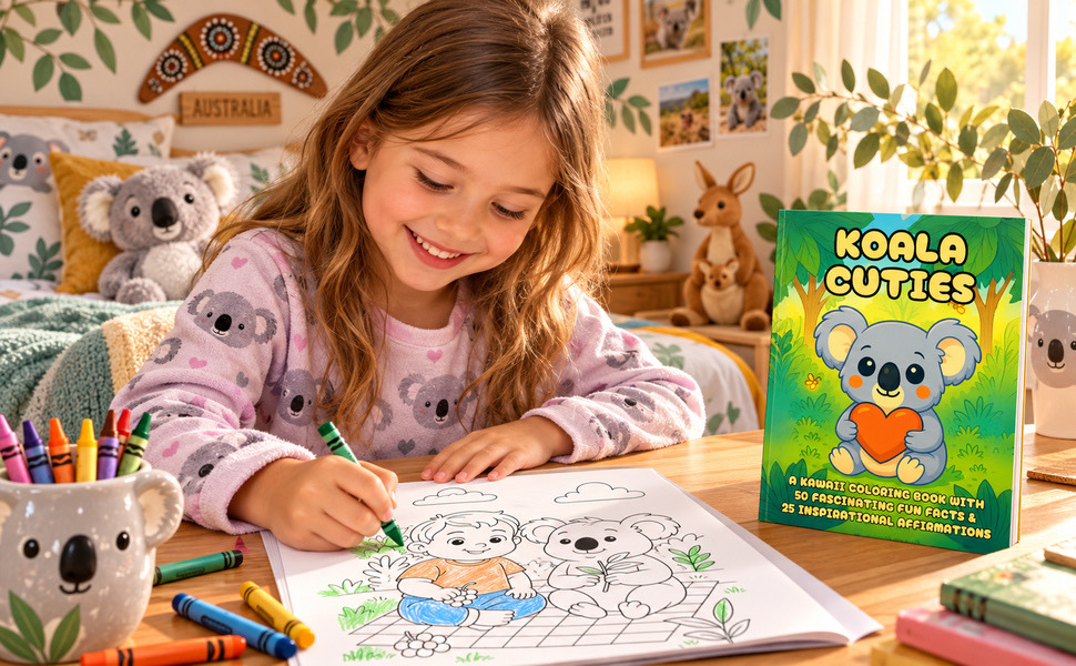 Un niño coloreando una página de Koala Cuties en una mesa con ceras