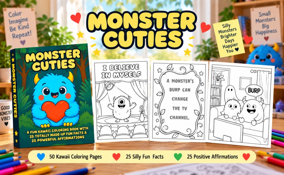 Portada de Monster Cuties con páginas de muestra para colorear