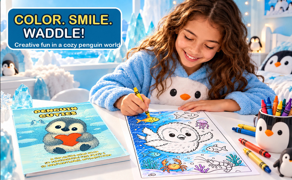 Un niño coloreando una página de Penguin Cuties en una mesa con ceras