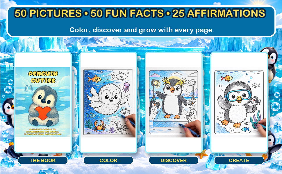 Qué hay dentro de Penguin Cuties: una página de datos junto a un dibujo para colorear
