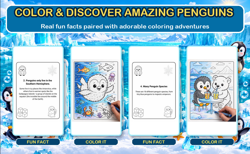 Páginas de datos curiosos sobre pingüinos, de Penguin Cuties