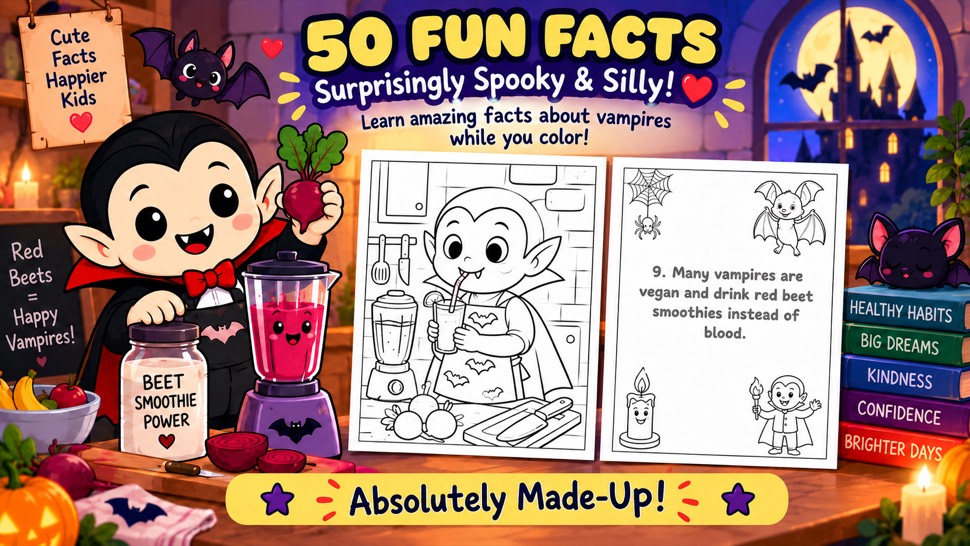 Qué hay dentro de Vampire Cuties: una página de datos junto a un dibujo para colorear