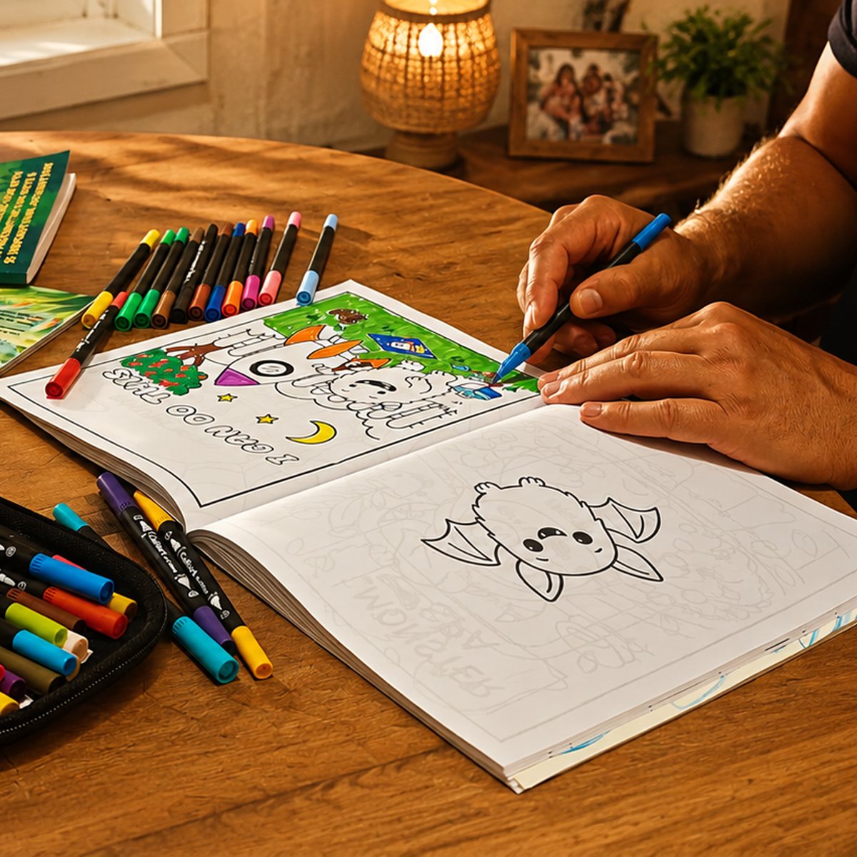 A grown-up colouring a page from a Cuties book at a wooden table, surrounded by markers and coloured pencils