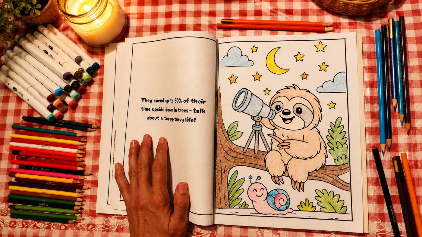 An open Cuties coloring book on a kitchen table surrounded by markers and coloured pencils