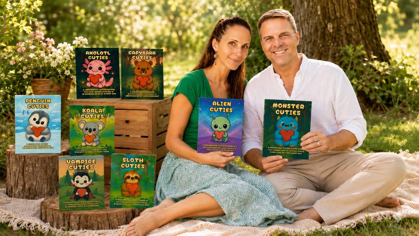 Yvette and Marcel sitting under a tree with the full Cuties coloring book series displayed around them