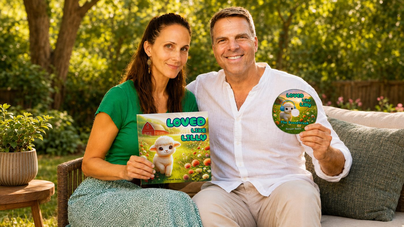 Yvette and Marcel sitting outdoors on a garden bench, holding the Loved Like Lilly book and the soundtrack album