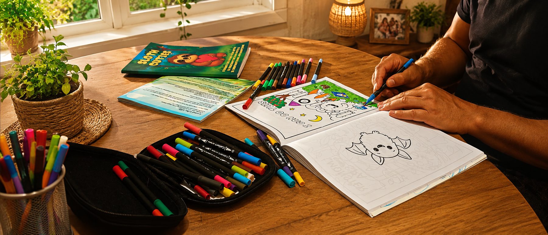A grown-up colouring a sloth page from a Cuties book at a wooden table, surrounded by markers and coloured pencils
