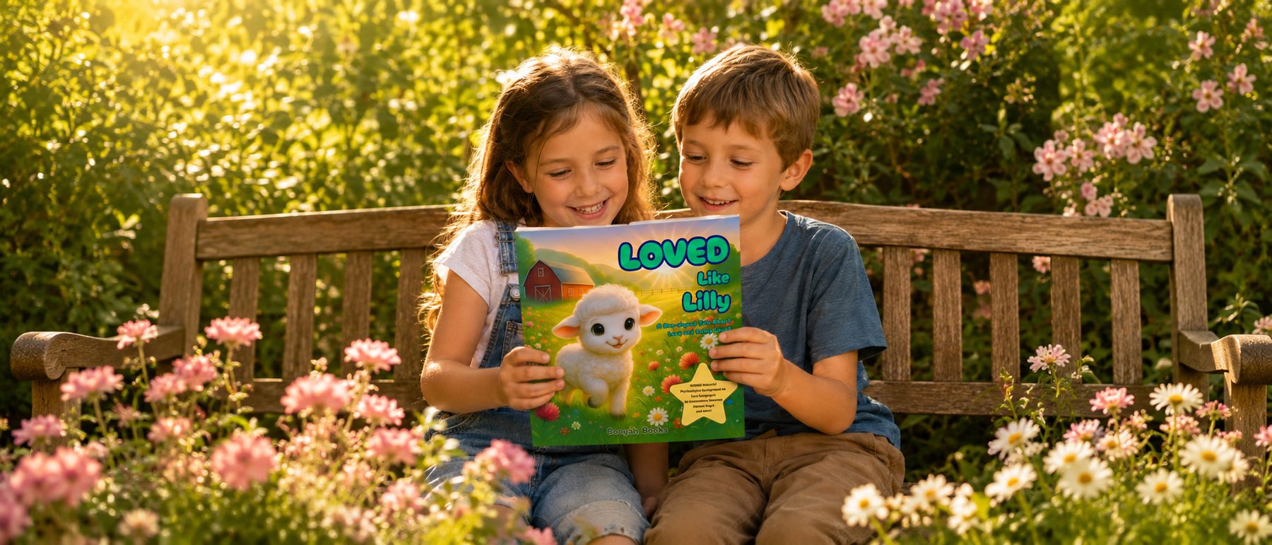 A girl and a boy sitting on a garden bench in the sunshine, reading Loved Like Lilly together