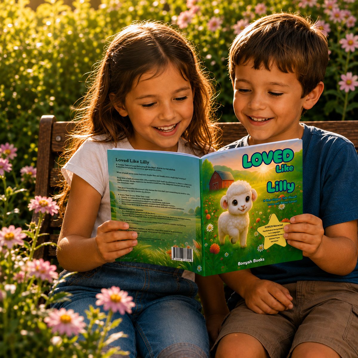 A girl and boy reading Loved Like Lilly together on a garden bench in the sunshine