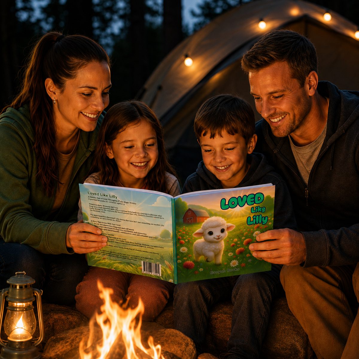 A family of four reading Loved Like Lilly by a campfire outside a tent at dusk
