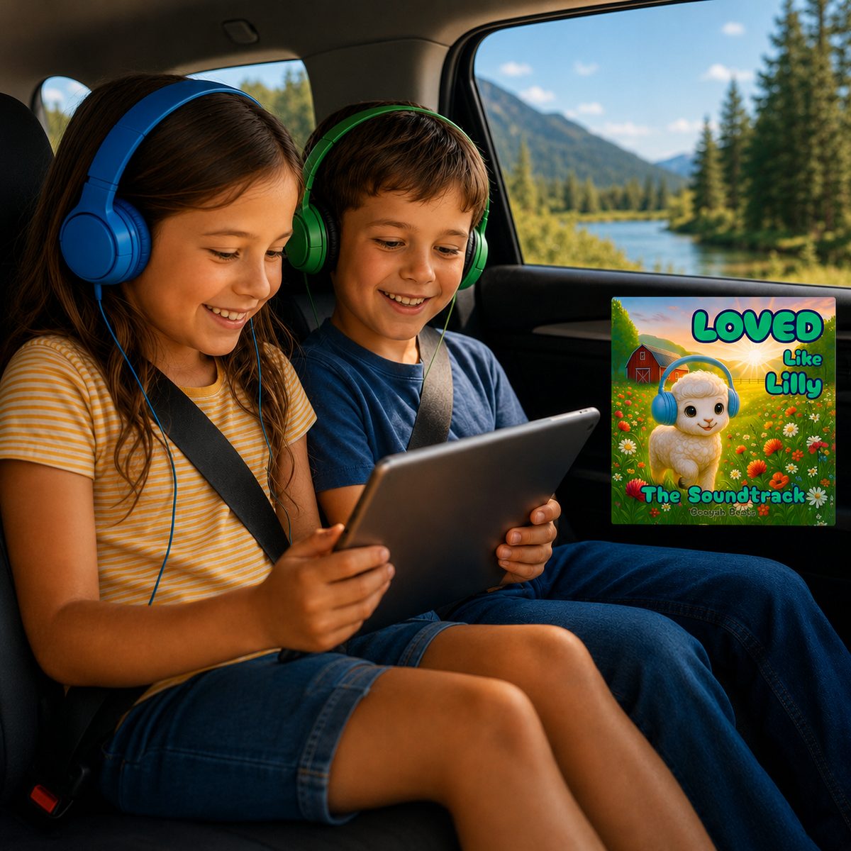 Two children in the back seat of a car wearing headphones, listening to the Loved Like Lilly soundtrack