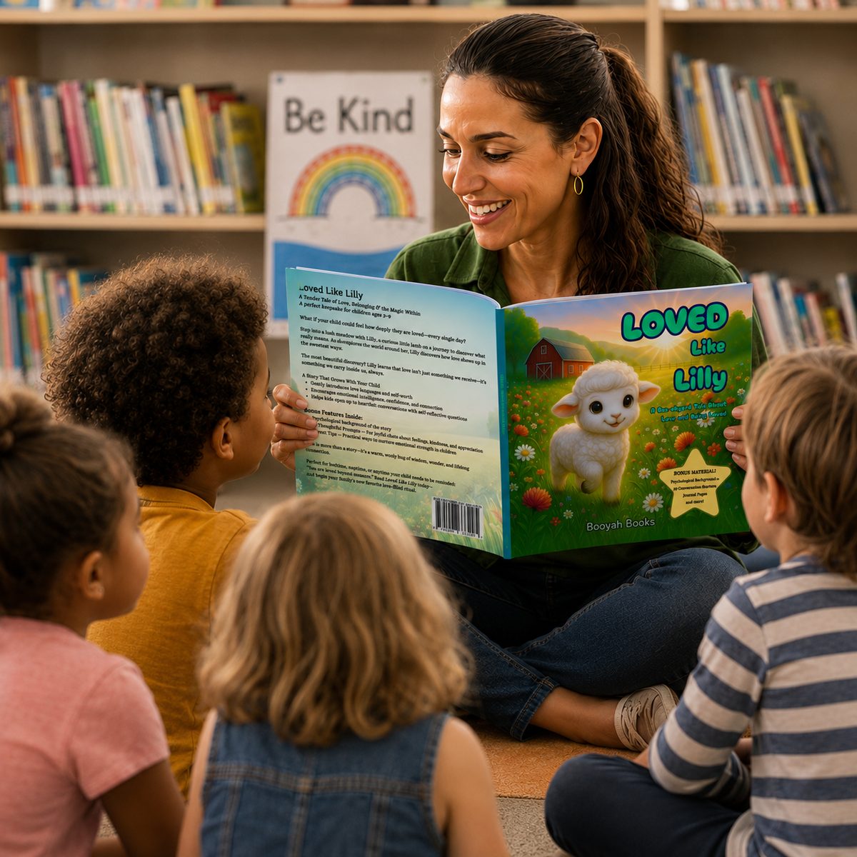 A teacher reading Loved Like Lilly aloud to a small group of children in a school library