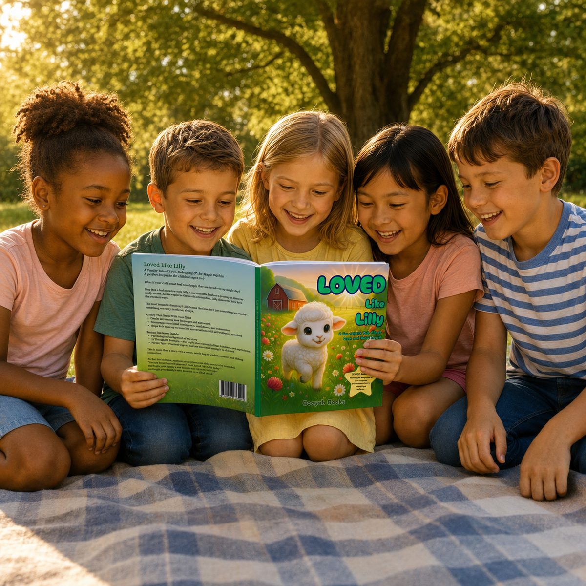 Five children sitting on a picnic blanket under a tree, reading Loved Like Lilly together