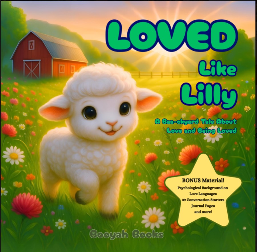 Front cover of Loved Like Lilly: a white lamb in a meadow of flowers at sunrise, with a red barn behind