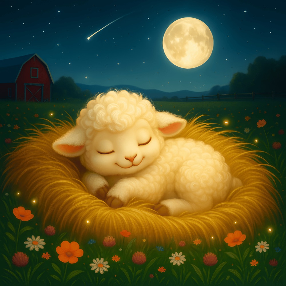 Lilly schläft in einem Nest aus weichem Heu unter dem Vollmond, in der Ferne die Scheune