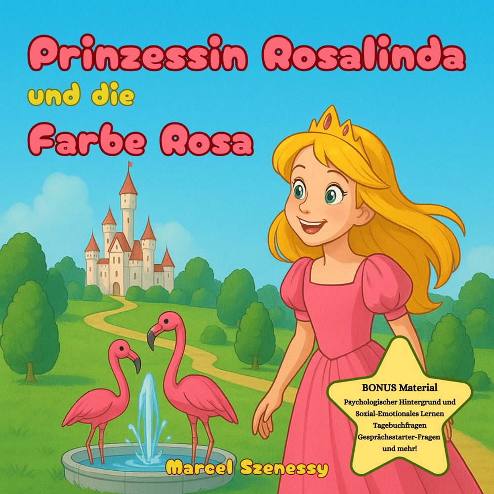 Vorderseite von Prinzessin Rosalinda und die Farbe Rosa: eine Prinzessin im rosa Kleid vor einem Schloss, davor Flamingos