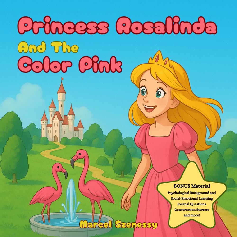 Portada de La Princesa Rosalinda y el Color Rosa: una princesa con vestido rosa ante un castillo, con flamencos delante