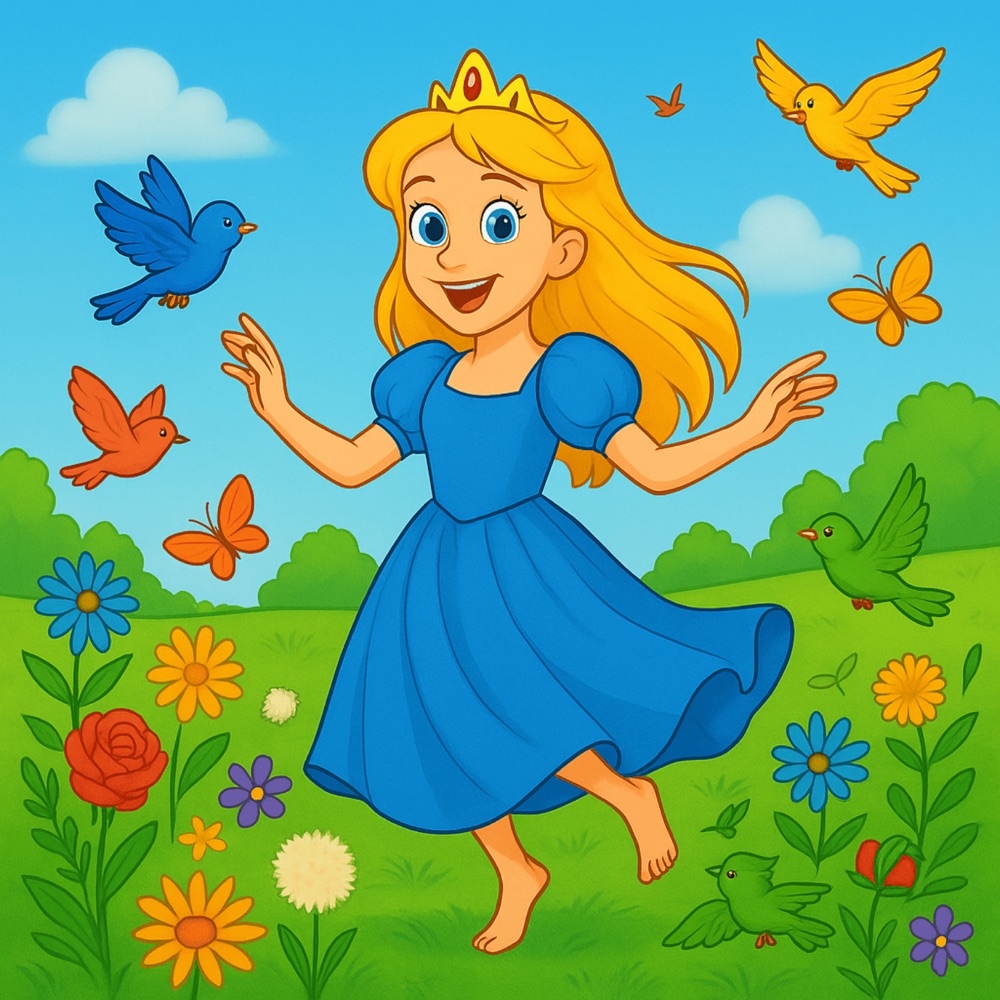 Rosalinda con vestido azul en un prado lleno de flores de colores, con pájaros y mariposas alrededor