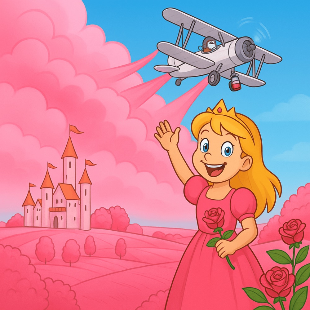 El reino entero en rosa, con una avioneta que deja estela rosa sobre campos rosas