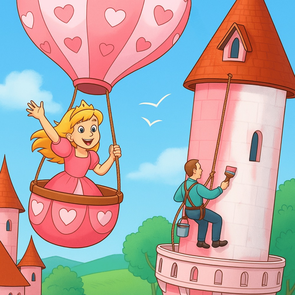 Rosalinda en un globo con corazones mientras un pintor pinta de rosa la torre del castillo